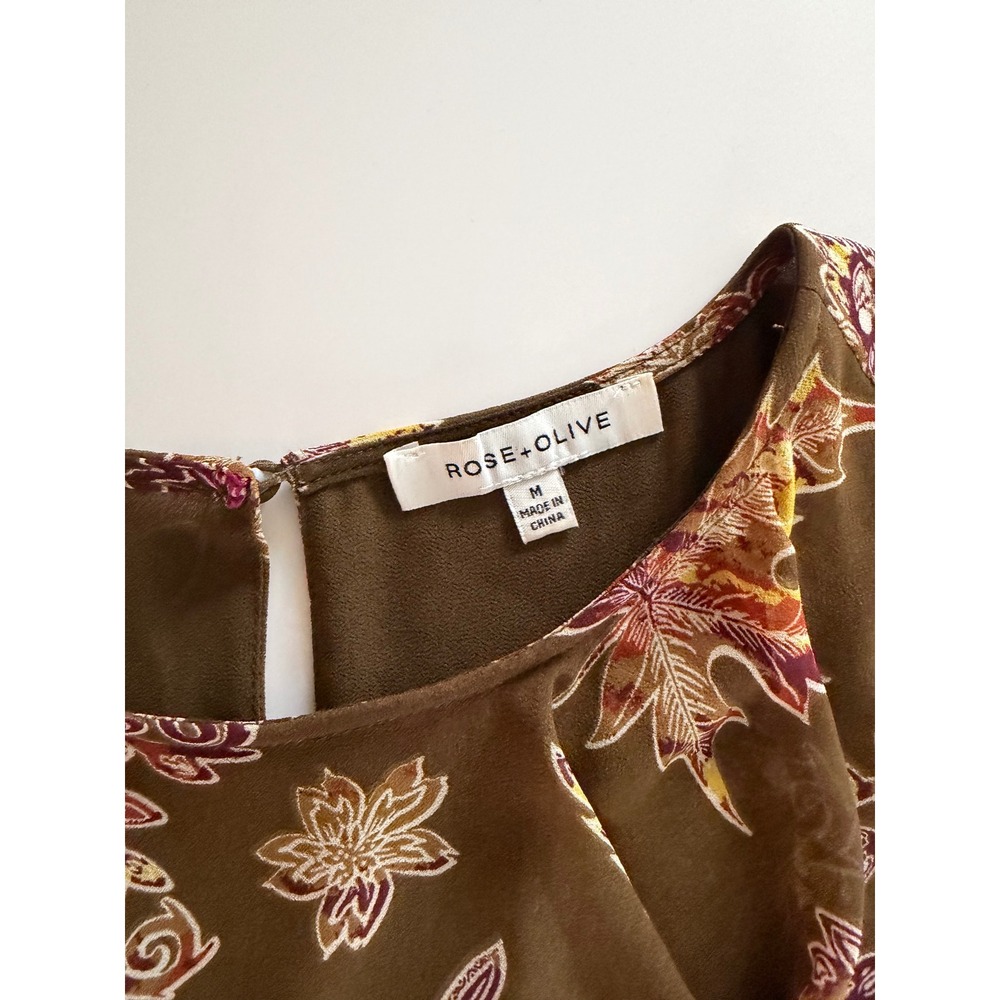 Rose + Olive Phoenix Floral Ruffle Sleeveless Blouse Olive Green Medium - Picture 5 of 7